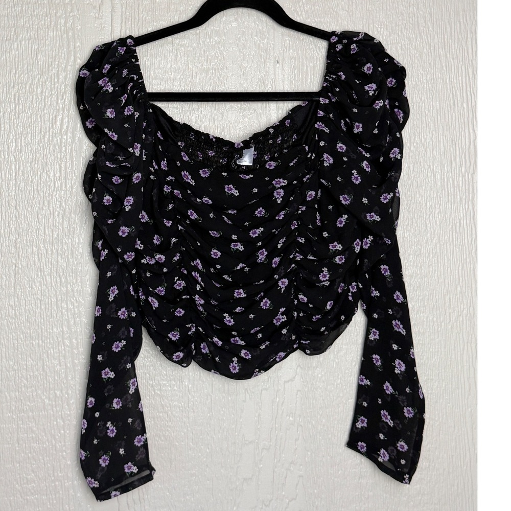 Floral Ruched Chiffon Crop Top Long Sleeve Square Neck Black Purple Womens M